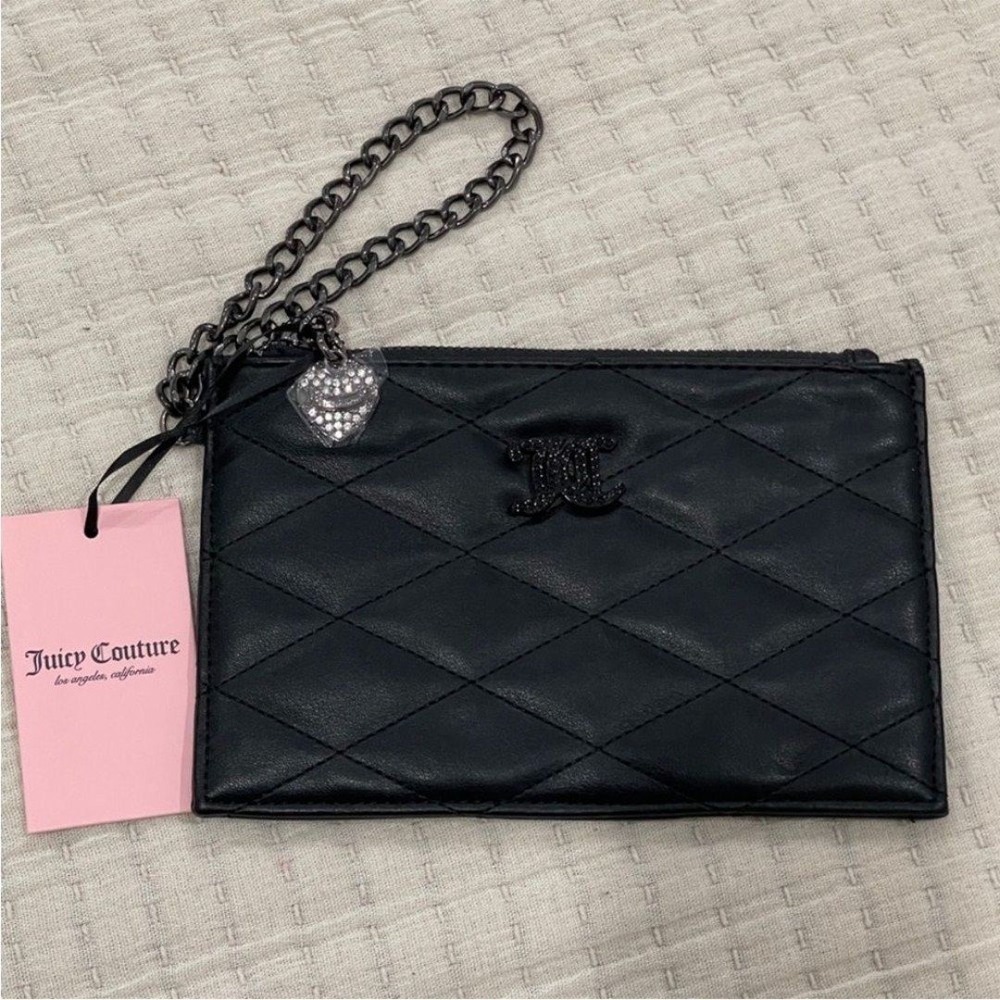 Juicy Couture Black Quilted Wristlet Chain Strap Heart Charm Rhinestone JC Logo